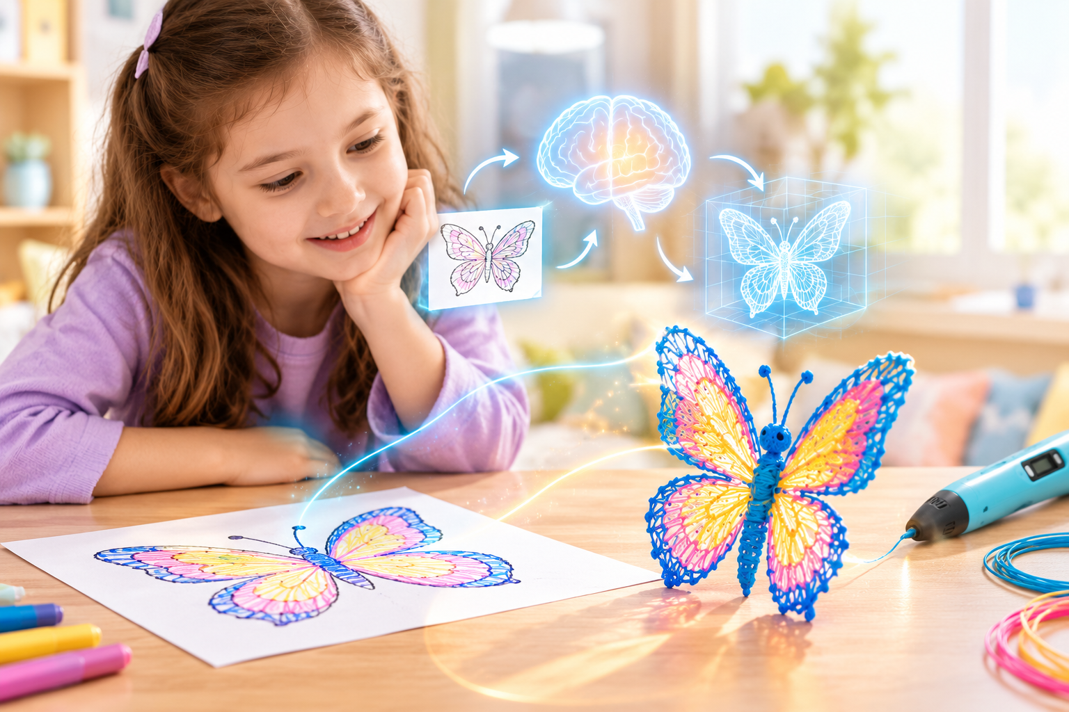 Illustration of a child’s mind transforming a flat 2D drawing into a standing 3D object, representing spatial thinking and mental rotation