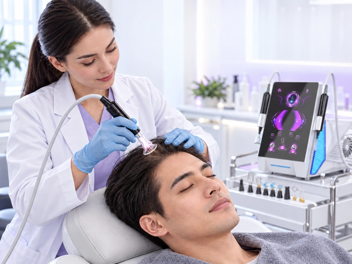 Professional cold plasma machine used in a scalp-care and hair-restoration clinic protocol