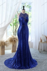 Sequin Mermaid Prom Gown with Halter Neckline Crystal Beading banded waist