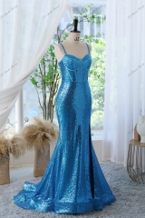 Sequin Mermaid Prom Gown with Spaghetti Straps And High Split