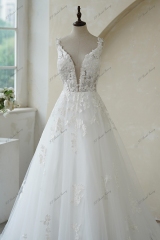 Deep V Back Lace Applique Ball Gown Wedding Gown