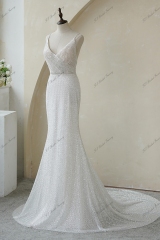 Spaghetti Straps Pleat Beaded Lace Mermaid Wedding Dress