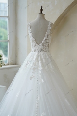 Deep V Back Lace Applique Ball Gown Wedding Gown