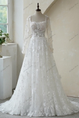 3D Floral Lace With A Square Neckline Tulle Wedding Gown