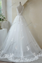 Deep V Back Lace Applique Ball Gown Wedding Gown