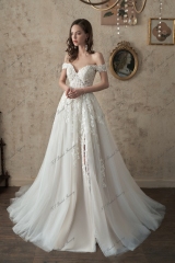 Off-Shoulder A-Line Gown Beaded Lace Wedding Dress