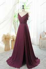 Spaghetti Straps Chiffon High Split Bridesmaid Dress With V-back