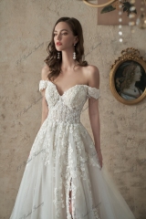 Off-Shoulder A-Line Gown Beaded Lace Wedding Dress