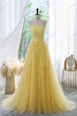 Tulle Prom Gown With Double Spaghetti Straps And Floral Appliqués