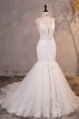 Glitter Tulle Mermaid Wedding Dress With Deep V-neck And Lace Appliqués