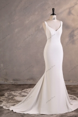 Crepe Mermaid Wedding Dress With Buttons Illusion Back And Floral Lace Skirt Trim