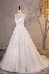 Glitter Tulle Ball Gown Wedding Dress With Illusion Lace Appliques Neckline