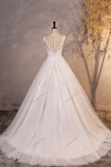 Glitter Tulle Ball Gown Wedding Dress With Illusion Lace Appliques Neckline