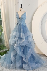 Tulle Prom Dress With Floral Appliqués And Spaghetti Straps