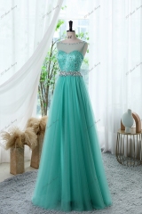 A-line Prom Gown With Illusion Bateau Neckline And Crystal Beaded Waistband