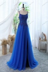 Glitter Tulle Prom Gown With Spaghetti Straps And High Split