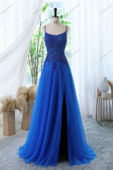 Glitter Tulle Prom Gown With Spaghetti Straps And High Split