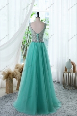 A-line Prom Gown With Illusion Bateau Neckline And Crystal Beaded Waistband