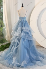 Tulle Prom Dress With Floral Appliqués And Spaghetti Straps