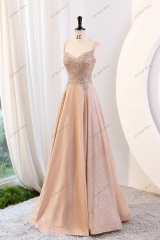 Glitter Prom Gown With Spaghetti Straps And Beading Lace Bodice