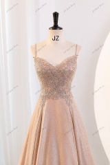 Glitter Prom Gown With Spaghetti Straps And Beading Lace Bodice