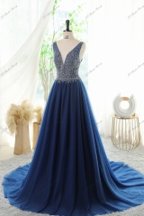 Tulle A-line Prom Gown With Crystal And Moonstone Beading Bodice And V-back