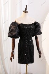 Beading Straight Neckline Party Dress With Detachable Pouf Sleeves