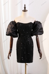Beading Straight Neckline Party Dress With Detachable Pouf Sleeves