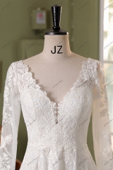 Long Sleeve Beading Lace A Line Chiffon Wedding Dress