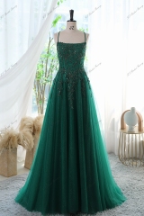 Glitter Tulle Prom Gown With Spaghetti Straps And High Split