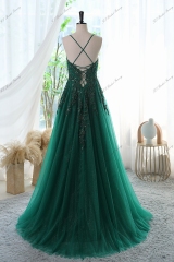 Glitter Tulle Prom Gown With Spaghetti Straps And High Split