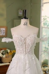 Detached Romantic Tulle Sleeve With Pearls 3D Flowers A Line Wedding Gowns