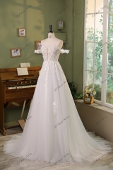 Detached Romantic Tulle Sleeve With Pearls 3D Flowers A Line Wedding Gowns