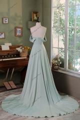 Off Shoulder A line Satin Bridesmaids Dress With Slit