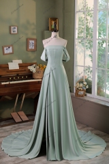 Off Shoulder A line Satin Bridesmaids Dress With Slit