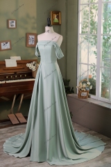 Off Shoulder A line Satin Bridesmaids Dress With Slit