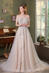 Detached Off-Shoulder Sleeve A Line Glitter Beading Bridal Gown