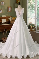 V Neck Soft Satin Lace Wedding Dress