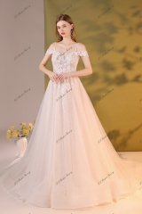Off-Shoulder Sleeve With Detached Beading Spaghetti Straps Shining Bridal Gown