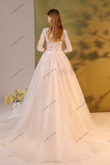 Long Sleeve A Line Glitter Tulle Beading Lace Bridal Gown