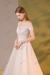 Off-Shoulder Sleeve With Detached Beading Spaghetti Straps Shining Bridal Gown