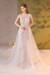 Crystal Beaded Embroidery Mermaid Wedding Dress With Detached Over Skirt