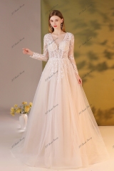 Long Sleeve A Line Glitter Tulle Beading Lace Bridal Gown