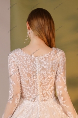 Long Sleeve A Line Glitter Tulle Beading Lace Bridal Gown