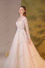 Long Sleeve A Line Glitter Tulle Beading Lace Bridal Gown