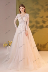Long Sleeve A Line Glitter Tulle Beading Lace Bridal Gown