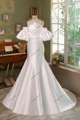 Simple Mikado Mermaid Bridal Dress With Detached Puffy Sleeve