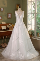 Simple Mikado Tulle Lace Applique Bridal Dress