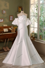Simple Mikado Mermaid Bridal Dress With Detached Puffy Sleeve