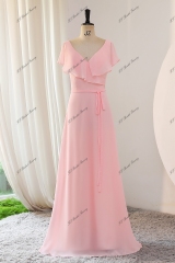 Ruffle Neckline Chiffon Bridesmaid Dress With Belt